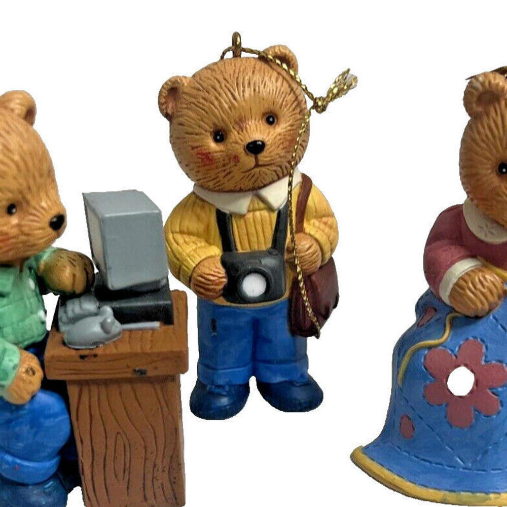 1996 AVON Hobby 3 Teddy Bears Sewing Photographer & Computer Christmas Ornaments